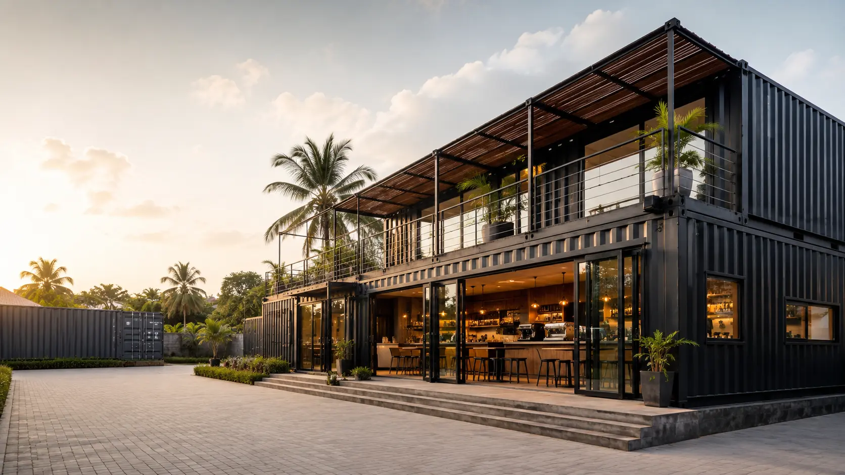 Two-storey commercial development made from dark shipping containers in a tropical Sri Lankan setting