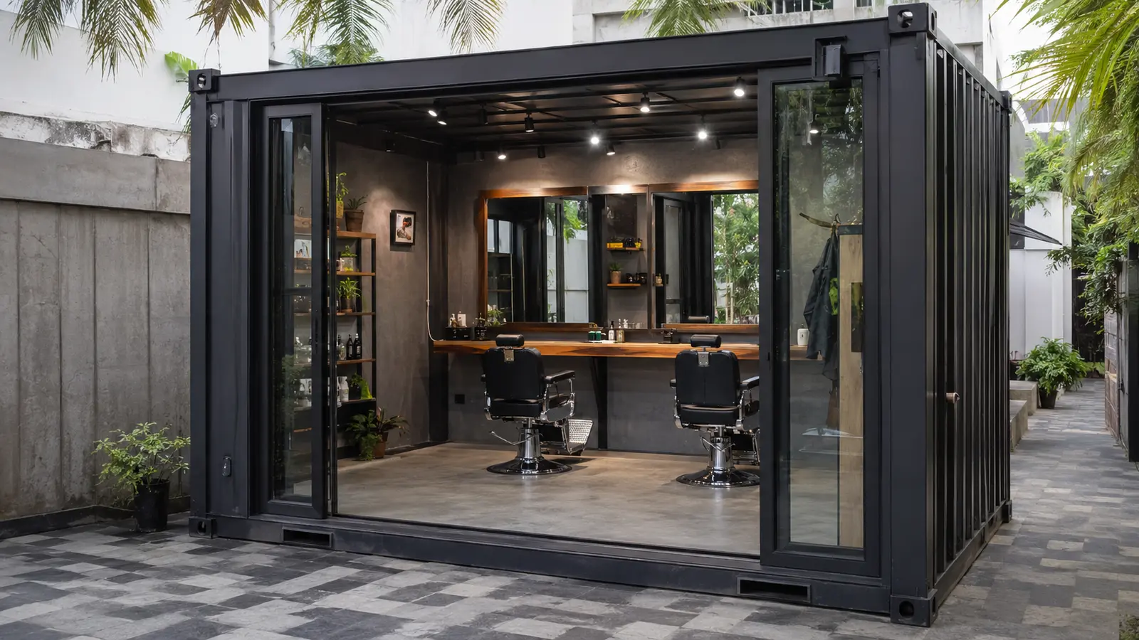 Architectural concept showing a container barber shop in Sri Lanka