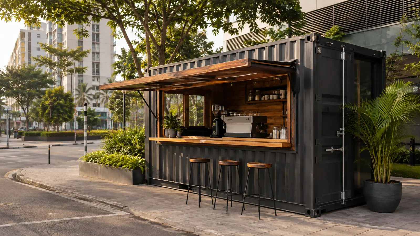 Architectural concept showing a container coffee shop in Sri Lanka